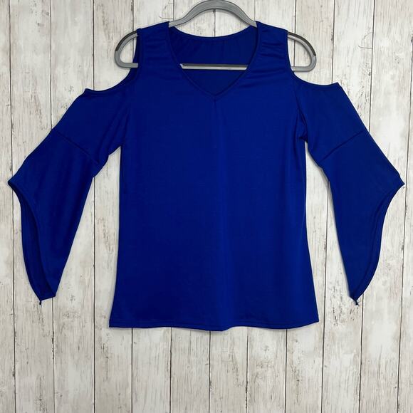 2000s Blue Bell Sleeve Cold Shoulder V Neck Flowy Long Sleeve Shirt Small - Picture 1 of 8